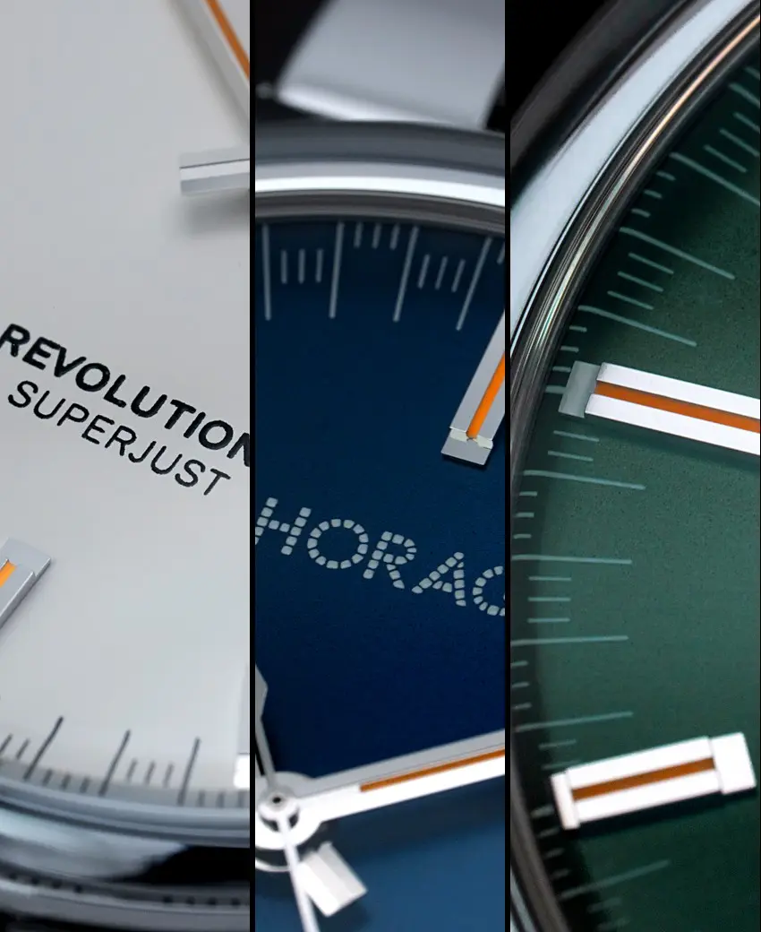 Superjust dials from left: Chalk White, Harbor Blue, Forest Green